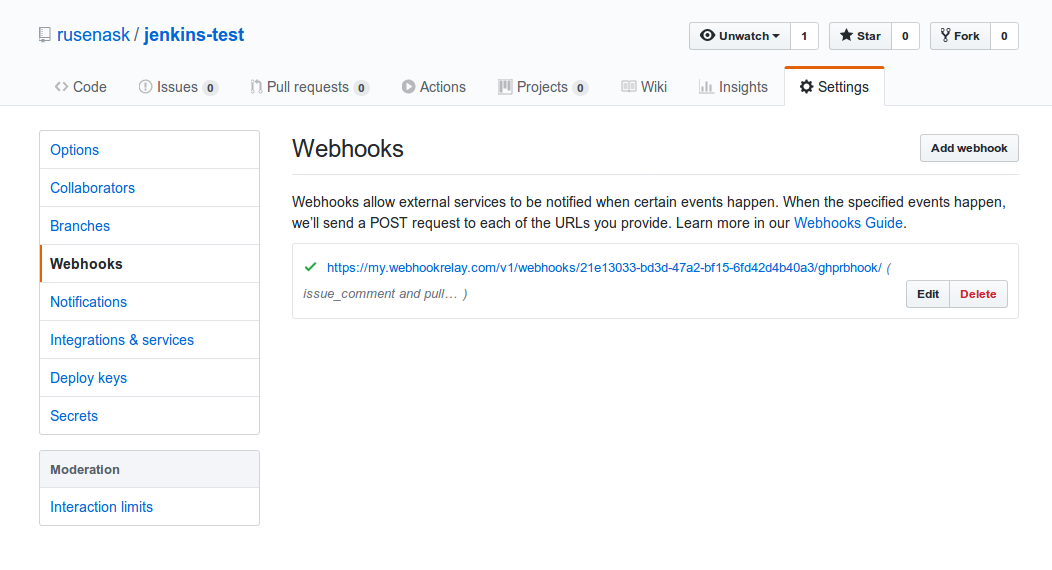 GitHub repo webhook configuration