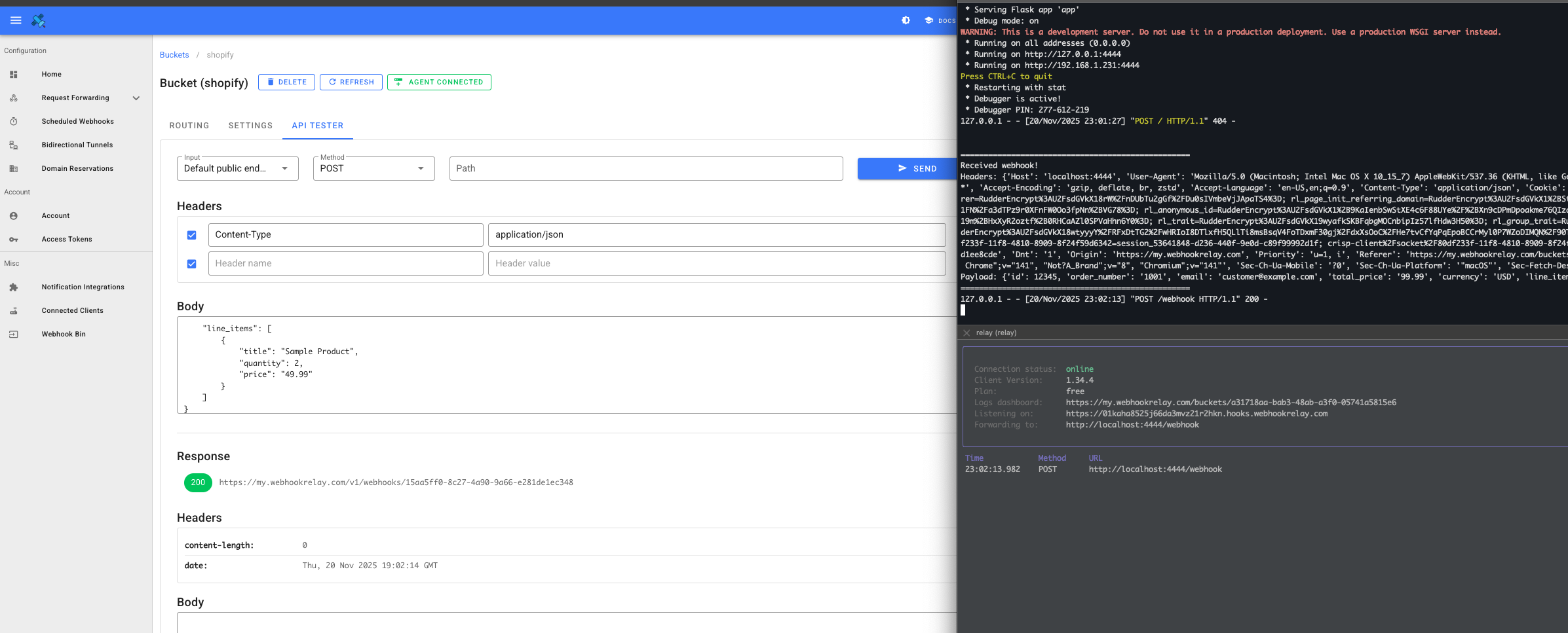 Webhook Relay UI API sender