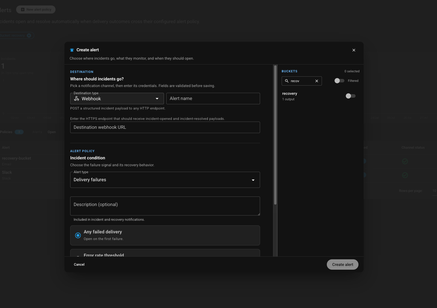 Create alert dialog — choose destination, alert policy for delivery failures, and which buckets to monitor
