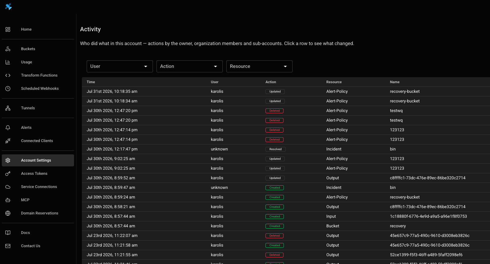 Webhook Relay Activity page showing audit log entries with time, user, action, resource, name and IP for each change