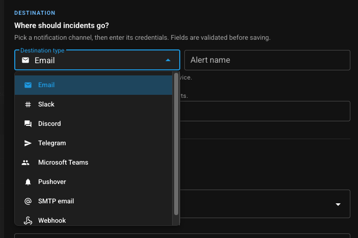 Destination types: Email, Slack, Discord, Telegram, Microsoft Teams, Pushover, SMTP email, Webhook