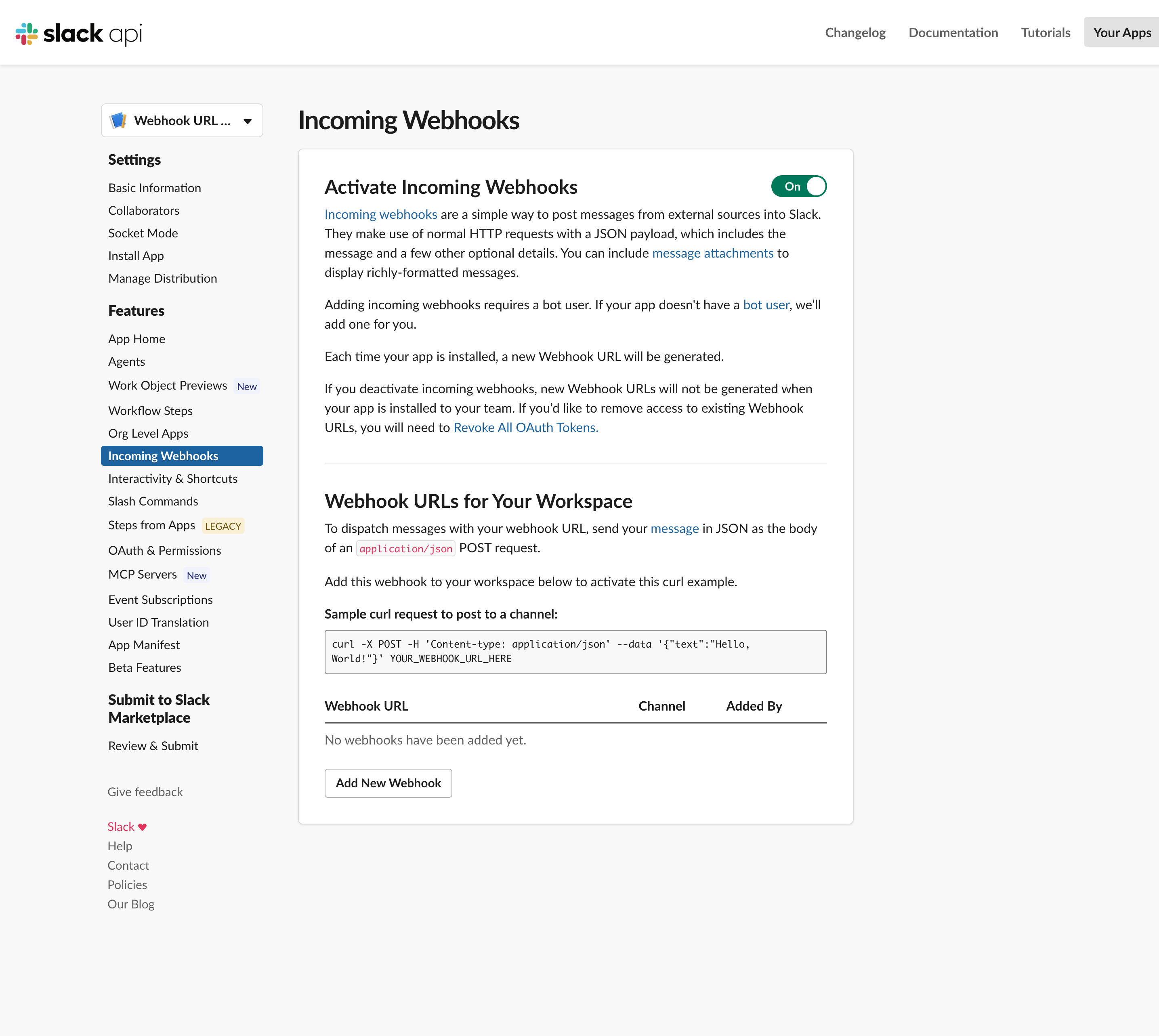 Activating Incoming Webhooks in a Slack app — the toggle switched On and the "Add New Webhook to Workspace" button under "Webhook URLs for Your Workspace"