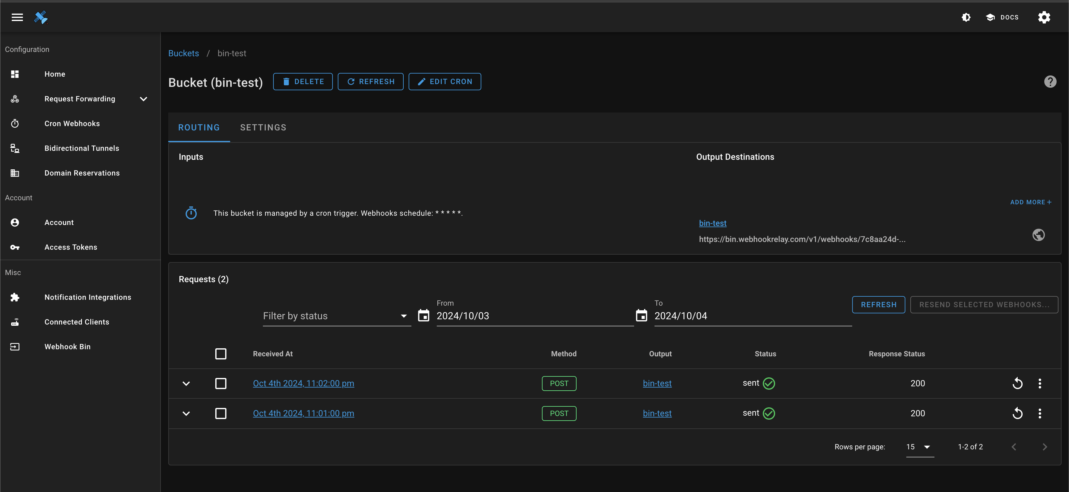 Webhooks logs for cron